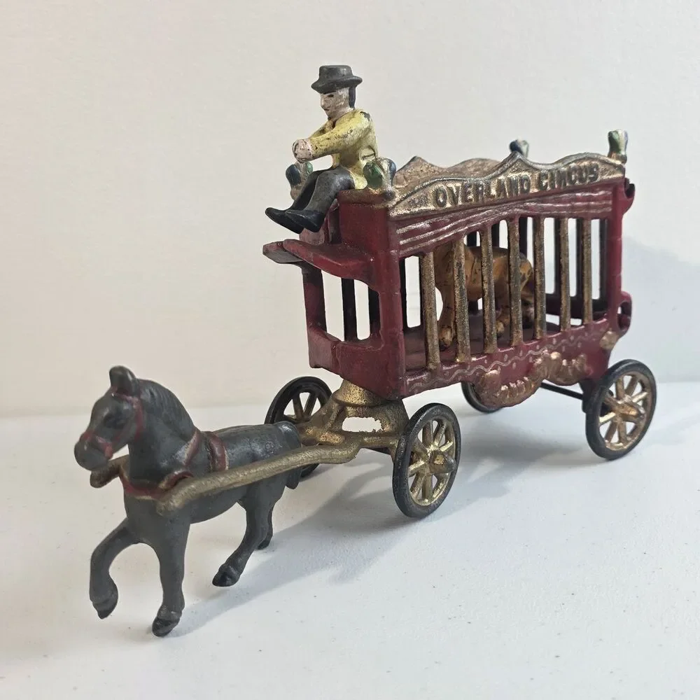 Vintage Cast Iron Horse Drawn OVERLAND Circus Wagon Toy With Tiger & Driver Read